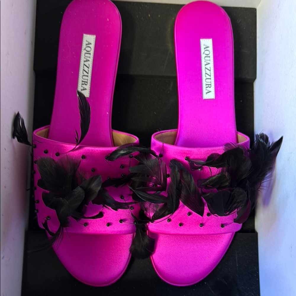 Aquazzura Exquisite Pink Feather Slide Sandals Size 41